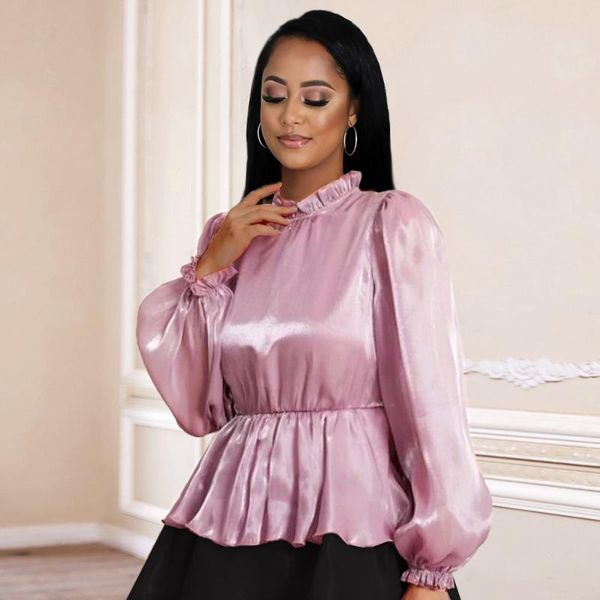 

women's blouses & shirts autumn 2021 fashion womens blouse solid color stand collar long sleeve ruffle high waist tight casual women, White