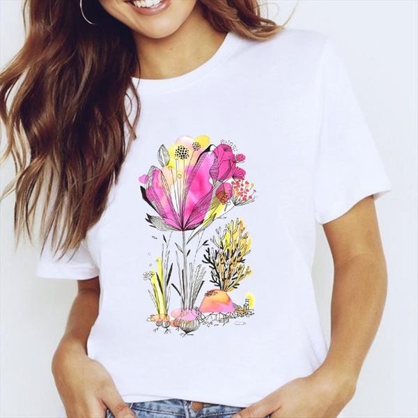 

graphic flower short sleeve women t shirt cute printing casual spring 90s summer lady clothes tees print female, White