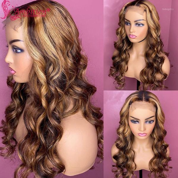 

brazilian remy human hair lace front wigs pre plucked #4/27 highlight 13x4 loose wave bleached knots1, Black;brown