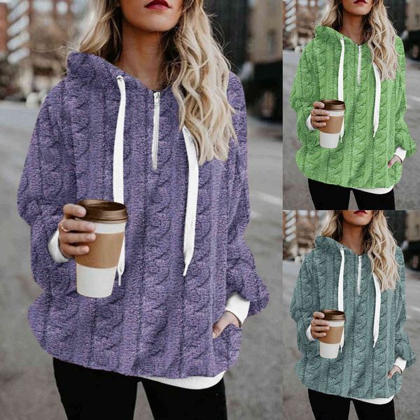 

women hoodies plus size hooded sweatshirt winter oversized hoodie warm pullover zipper pockets jacket coat outwear blouse y1118, Black