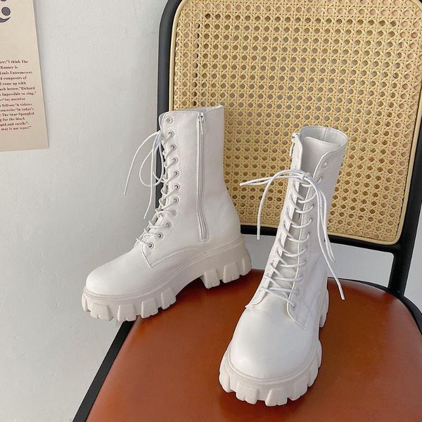 

boots british designer women luxury knee high leather brand casual med thick heels shoes vintage motorcycle white platform, Black