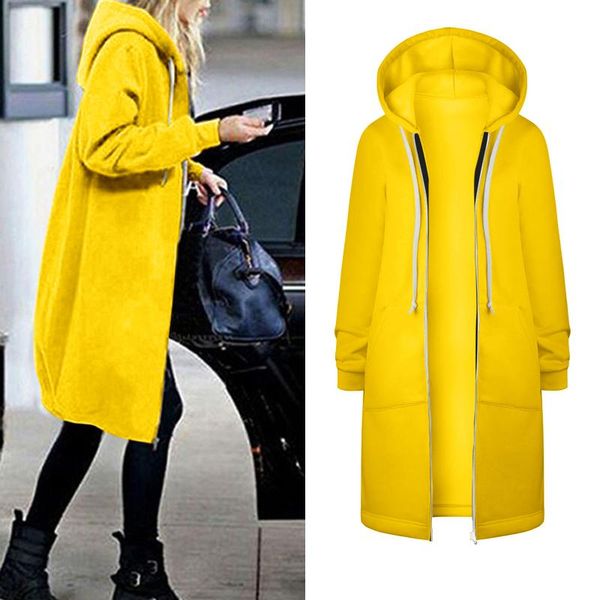 

women's hoodies & sweatshirts 40# solid zipper open hooded women warm drawstring pockets long sweatshirt autumn winter korean style, Black