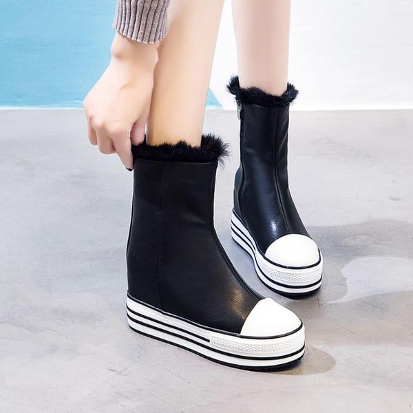 

boots women height increasing shoes black pu/flock lady platform ankle plush winter female woman footwear