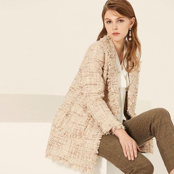 

women's jackets shiny tweed jacket sequin fabric double-breasted autumn loose ladies tassel large size woolen coat, Black;brown
