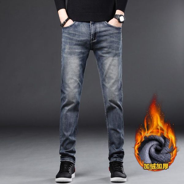 

men's jeans winter boutique warm casual slim business fashion thickened fleece stretch comfortable classic denim trousers, Blue