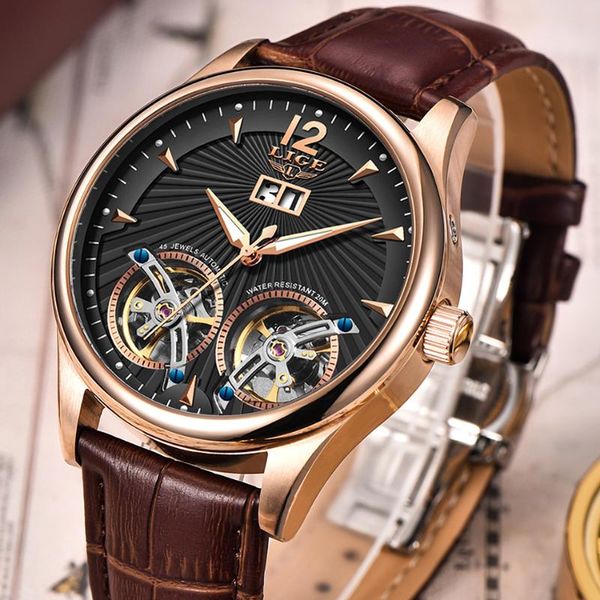 

wristwatches 2021 watch men lige casual leather double tourbillon mechanical wristwatch mens watches automatic clock+box, Slivery;brown