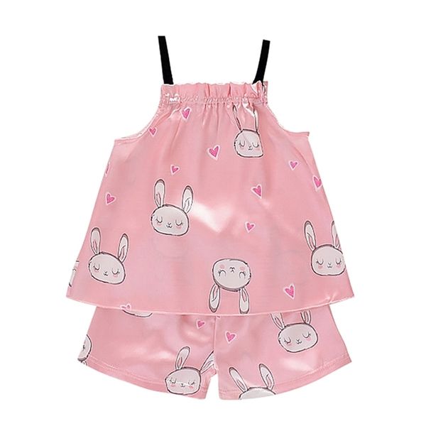 Kinder Mädchen Pyjamas Seide Frauen Set 2 stücke Bunny Muster Sling Outfits Kurzarm Bluse Tops + Shorts Nachtwäsche Baby kleidung 210915