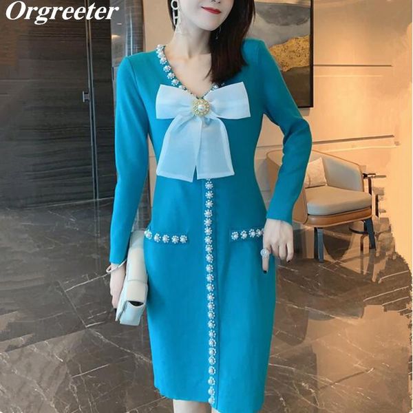 

casual dresses beaded sweater woemn long sleeve v-neck sweet diamond bowknot knitted pullover short, Black;gray