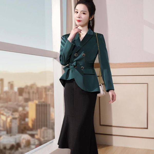 

women's two piece pants 2 women fashion set skirt suit of slim elegant ruffles green pink blazer, White