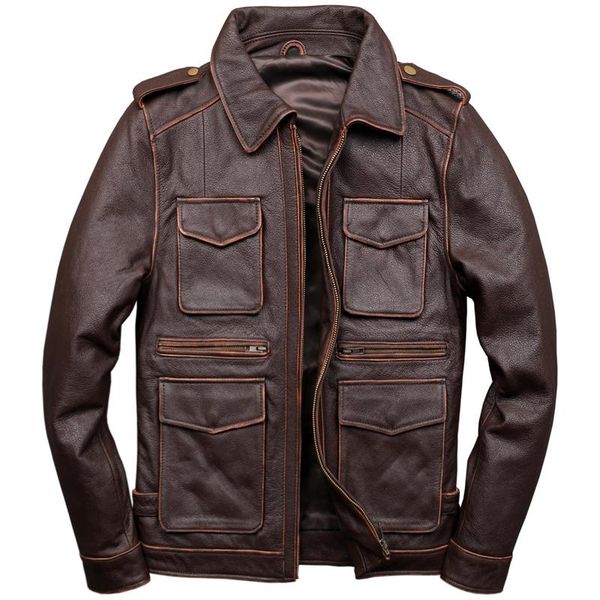 

men's leather & faux m65 men jacket vintage brown plus size cow skin genuine coat, Black