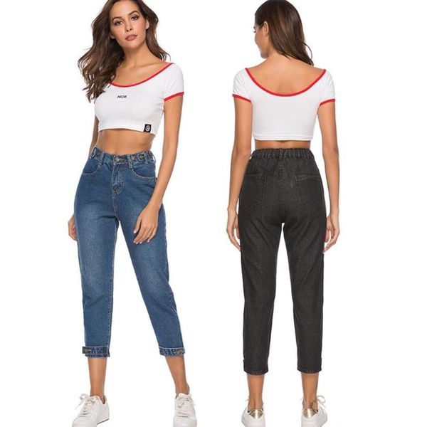 

women's jeans solid slim fit harem pants women elastic middle waist skinny pencil blue denim zipper bleached washed