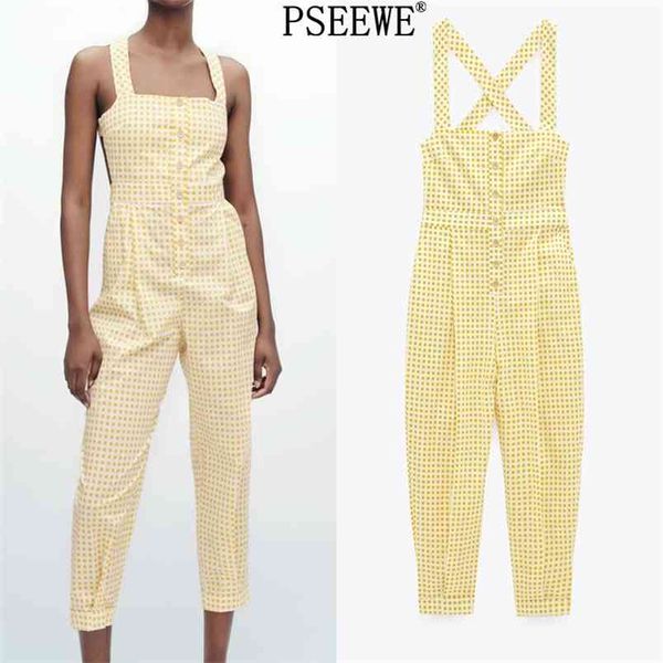 Amarelo xadrez feminino macacão moda largamente alças sem mangas longas mulheres botão de verão backless mulher macacão 210519