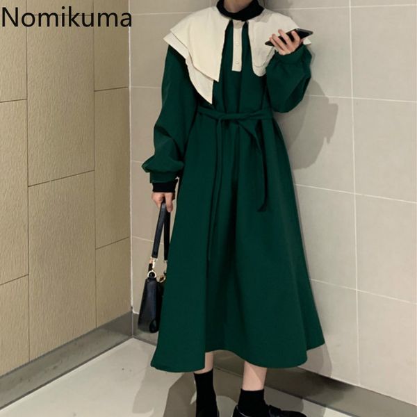 

nomikuma vintage fashion slim waist lace up dress women long sleeve asymmetry collar retro dresses female vestidos mujer 3a618 210514, Black;gray