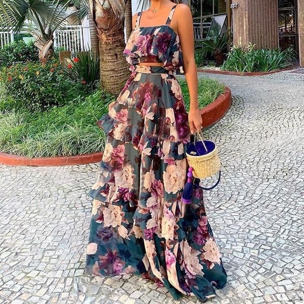 

work dresses women summer cake skirt sling crop maxi long casual floral printed ruffled high waist two piece set 2022, White;black