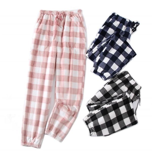 

women's sleepwear winter couples matching pants men warm fleece sleep bottoms female casual nighty trousers ladies plaid pajama, Black;red