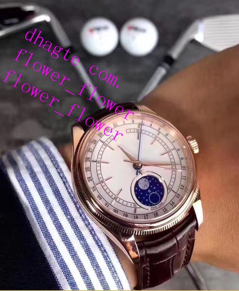 

3 style watches for men steel rose gold mechanical 2813 watch men's cellini 50535 leather enamel moonphase date moon display wristwatch, Slivery;brown