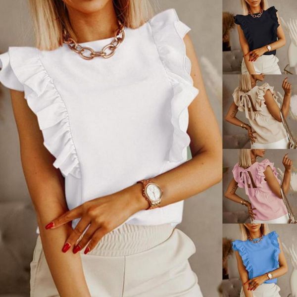 

women's blouses & shirts summer women blouse elegant solid vintage ruffled backless ladies casual o neck sleeveless office, White