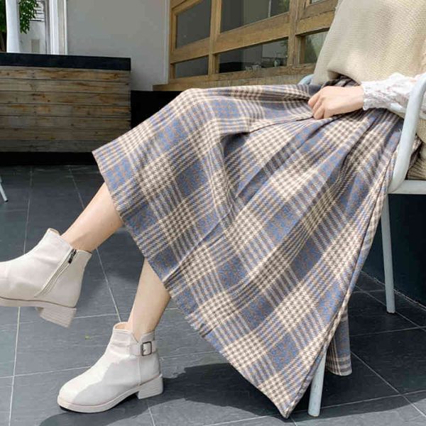 

skirts winter blend tweed vintage plaid a-line long pleated k2jt, Black