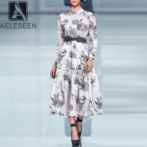 

runway fashion shirt dress 2021 spring summer long sleeve black flower print with belt elegant party casual dresses, Black;gray