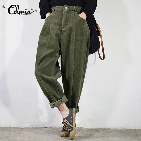 

capris womens fashion harem pants celmia 2021 spring corduroy high waist solid pockets trousers casual loose pantalon femme plus size, Black;white