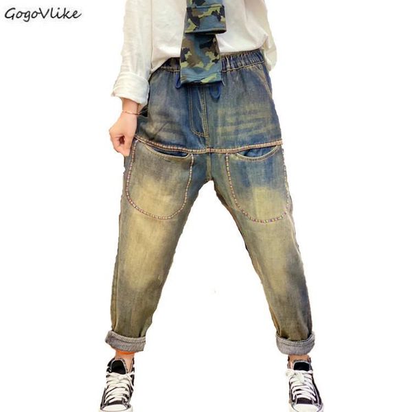 

women's pants & capris 2021 winter fleece arts style women jeans vintage ripped ladies elastic waist embroidery loose cotton denim sa58, Black;white