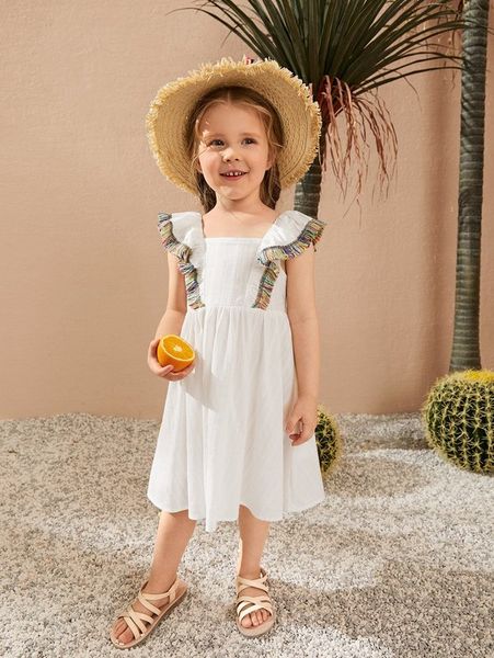 

toddler girls ruffle armhole fringe trim dress she, Red;yellow