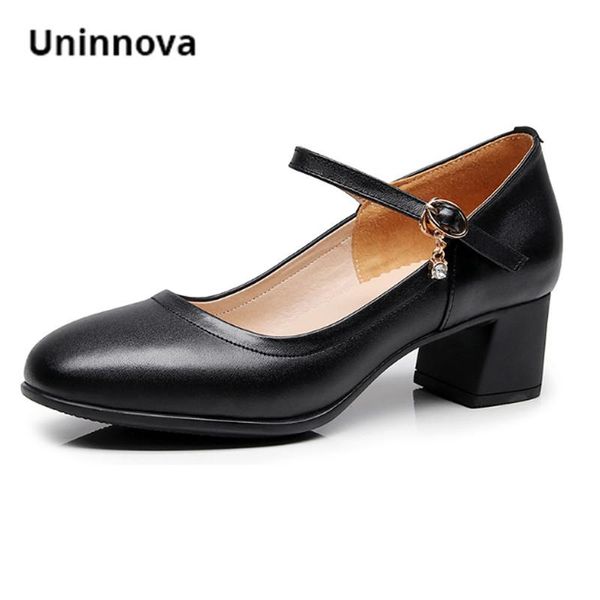 

dress shoes women mary jane med heels genuine leather shallow hoof elegant office lady court black white size 34-41 wp138