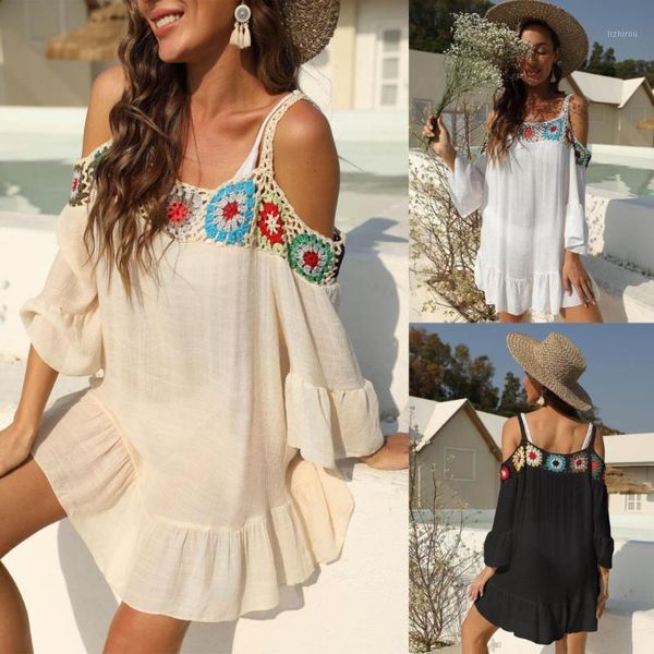 

women's swimwear crochet stitching suspender skirt ruffle beach dress cover up women summer dresses femme clothing, White;black