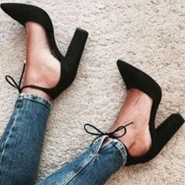 

dress shoes 6 colors pointed strappy pumps retro high thick heels 2021 woman female lace up, Black