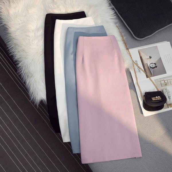 

skirts women 2021 spring summer female a-line high waist slim elegant ladies solid color midi office t241, Black