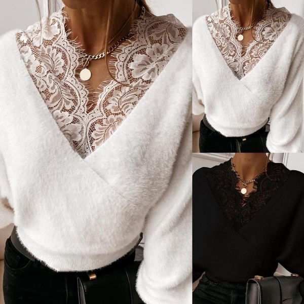 

women's blouses & shirts women solid color patchwork design lace decor see through v-neck backless long sleeve loose plush pullovers to, White