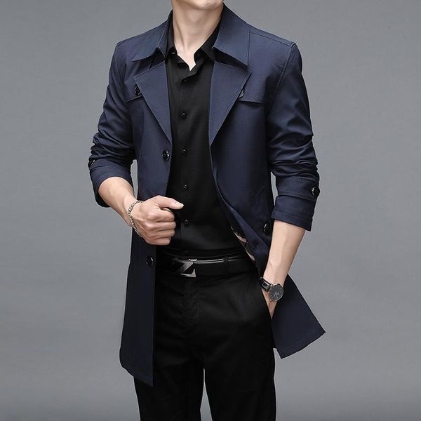 

men's trench coats thoshine male long coat spring, plus size with buttons, Tan;black