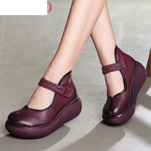 

sandals 2021 spring genuine leather women pumps platform wedges round toes ankle strap high heel shoes 0vkn, Black