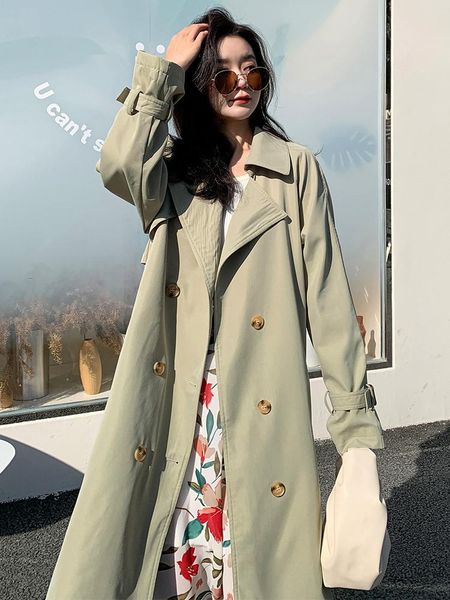 

women's trench coats windbreaker spring and autumn korean fashion loose solid color wild double-breasted long-sleeved feminine coat m07, Tan;black