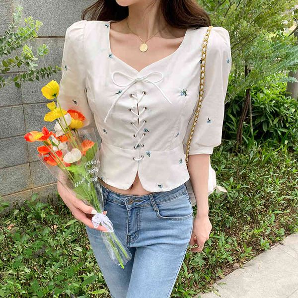 

korean retro elegance casual sweet solid blouse single-breasted o neck chic all match women shirt 210514, White
