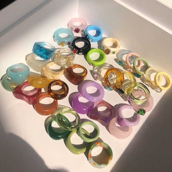 

ring huanzhi 2021 new geometry irregular round colorful resin transparent rhinestone zircon suit for women party daily jewelry, Golden;silver