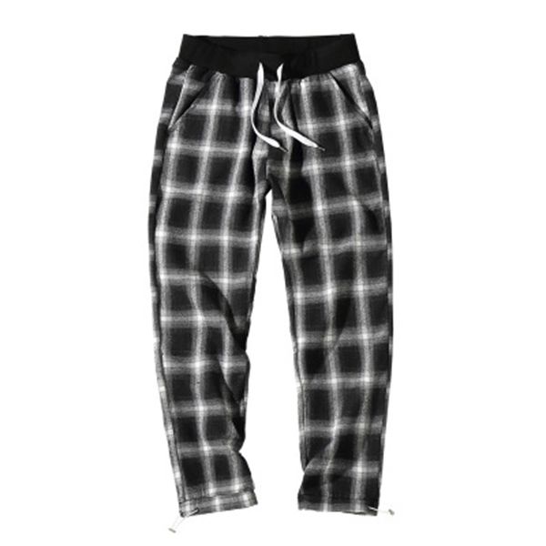 

mens ins fashion sell plaid pants seasons casual street male pants breathble loose drawstring clothing, Black