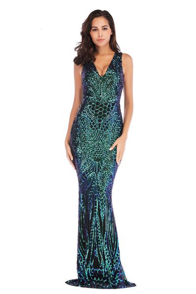 

luxury evening party dresses women's v-neck elastic green sequin long, Black