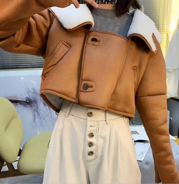 

jacket 2021 autumn and winter coat suede wool hooded short women daeh, Black;brown