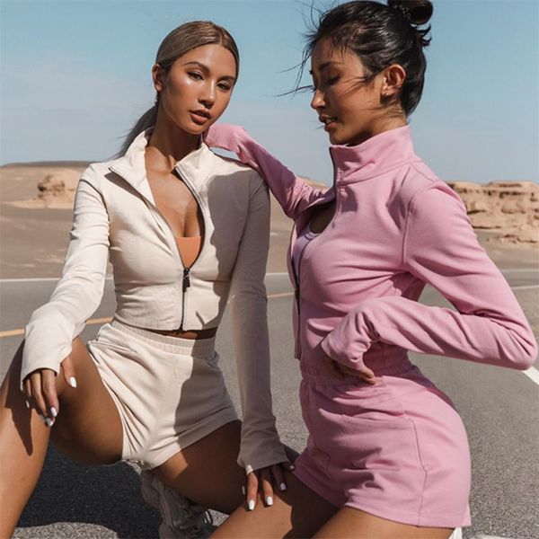 

women's tracksuits 2021 fall clothes loose solid long sleeve cropped sweater jacket shorts juicy coutour tracksuit suit set, Gray