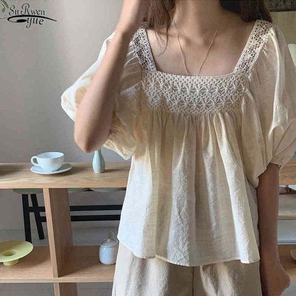 Sommer Hohl Häkeln Blase Hülse Quadrat Kragen Puppe Hemd Koreanische Lose Apricot Top Plus Größe Frauen Blusa Mujer 14060 210521