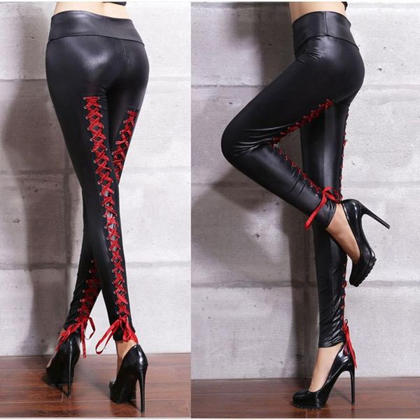 

women's leggings women lace bandages leather pants black pvc goth fetish pu faux skinny punk rock wet look club wear