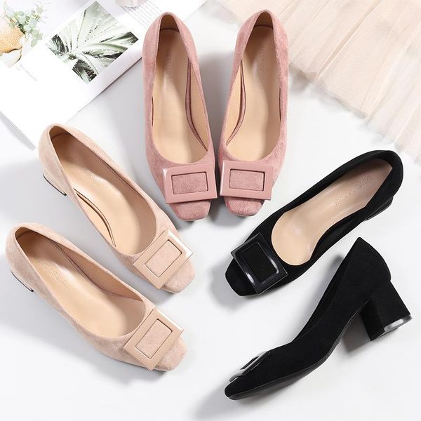 

elegant ladies mid high heels designer metal buckle decoration pumps women square toe suede leather mules thick heel ol shoes 43 dress, Black