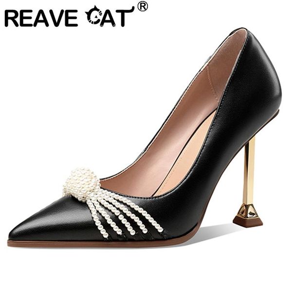 

women 2021 pumps pointed toe 9cm high heels genuine leather pearl elegent big size 43 casual date black a3664 dress shoes