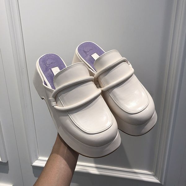 

luxury slippers baotou half slipper's fashion in spring and summer 2021: slope heel round head muffin thick sole, Black