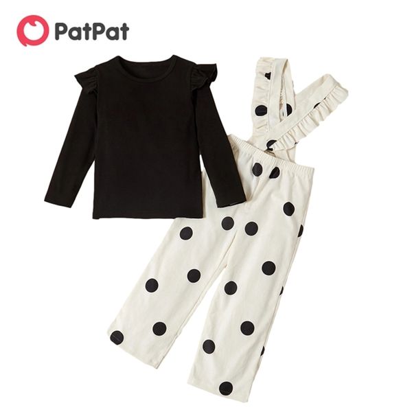 

arrival spring and summer trendy solid longsleeves ruffled tee polka dots set children's clothing 210528, White