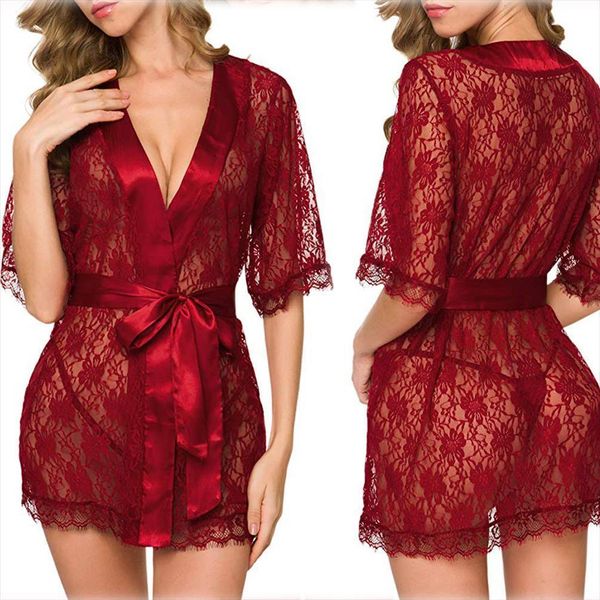 

lingerie transparan summer bride women sleepwear robes kimono robe satin lace night wear gown, Black;red