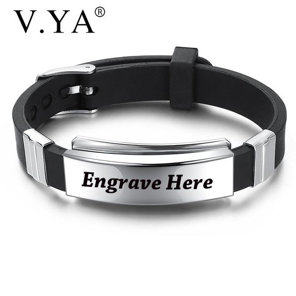 

charm bracelets v.ya simple engraved silicone for male punk personalized name stainless steel black bangle men gift, Golden;silver