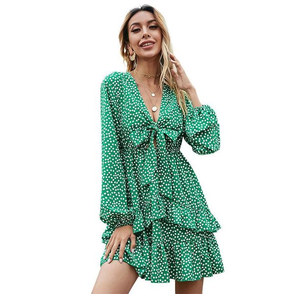 

casual dresses donsignet 2021 spring fashion womens clothes print ruffles v-neck high waist green wave point for women, Black;gray