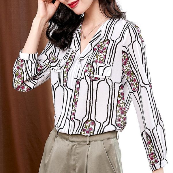 

korean fashion chiffon women blouses shirts elegant office lady v neck print shirt plus size woman long sleeve striped blouse women's &, White